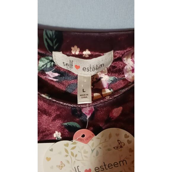 Self Esteem Juniors Large Cold Shoulder Strap Burgundy Floral Velvet Top NWT - Picture 3 of 7